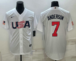 Men%27s USA Baseball #7 Tim Anderson 2023 White World Baseball Classic Stitched Jerseys